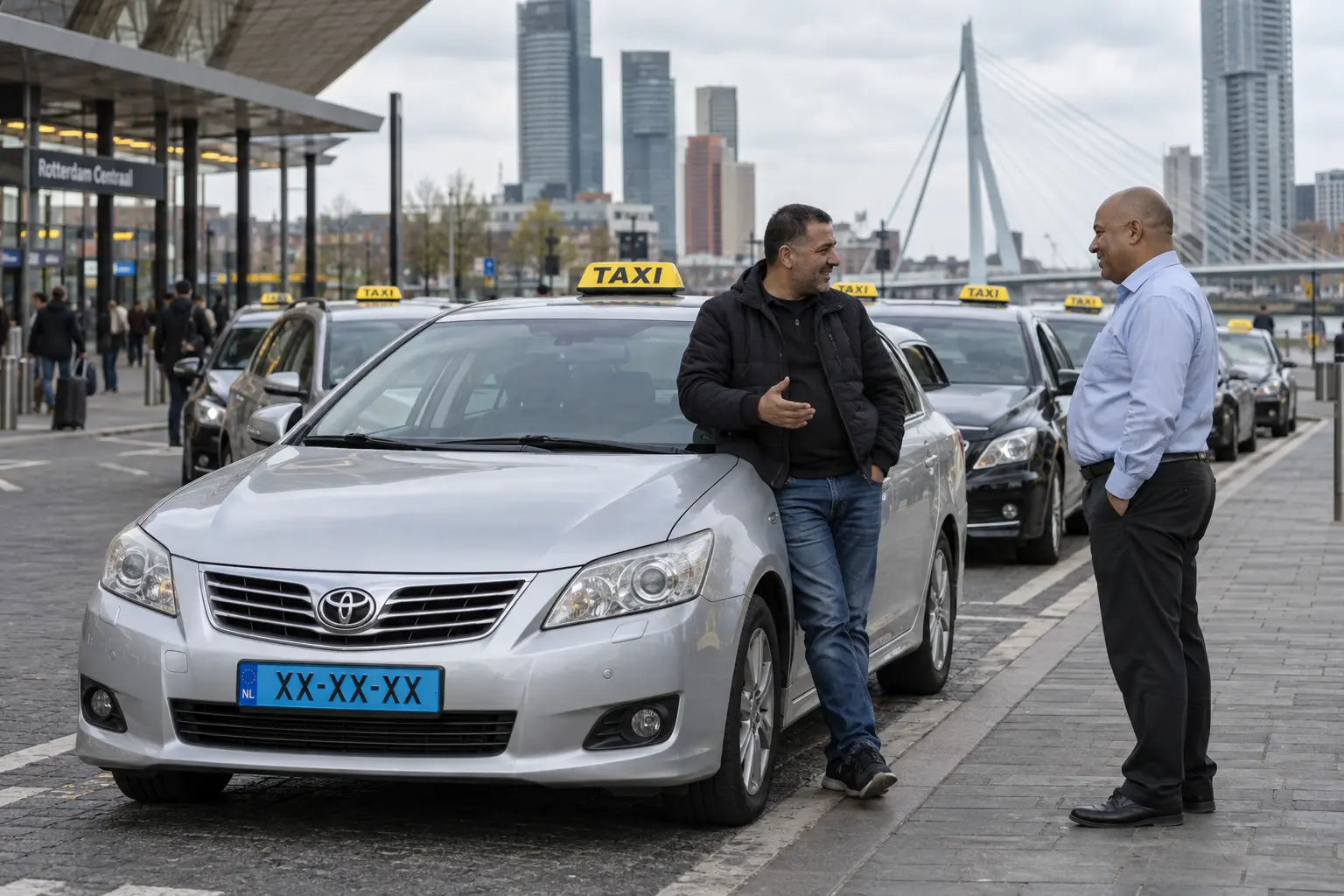 Twee taxichauffeurs in gesprek naast een taxi bij een Rotterdamse standplaats